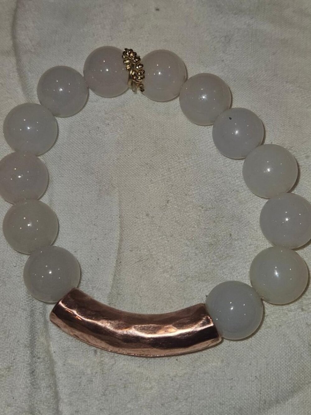 Beads by Jen White Chalcedony Hammered Rose Gold Noodle Bar Bracelet
